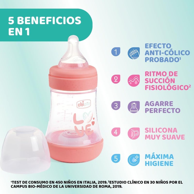 Chicco Perfect 5 Feeding Bottle 150ml Slow Flow 0m+ Silicone, Pink - Image 3